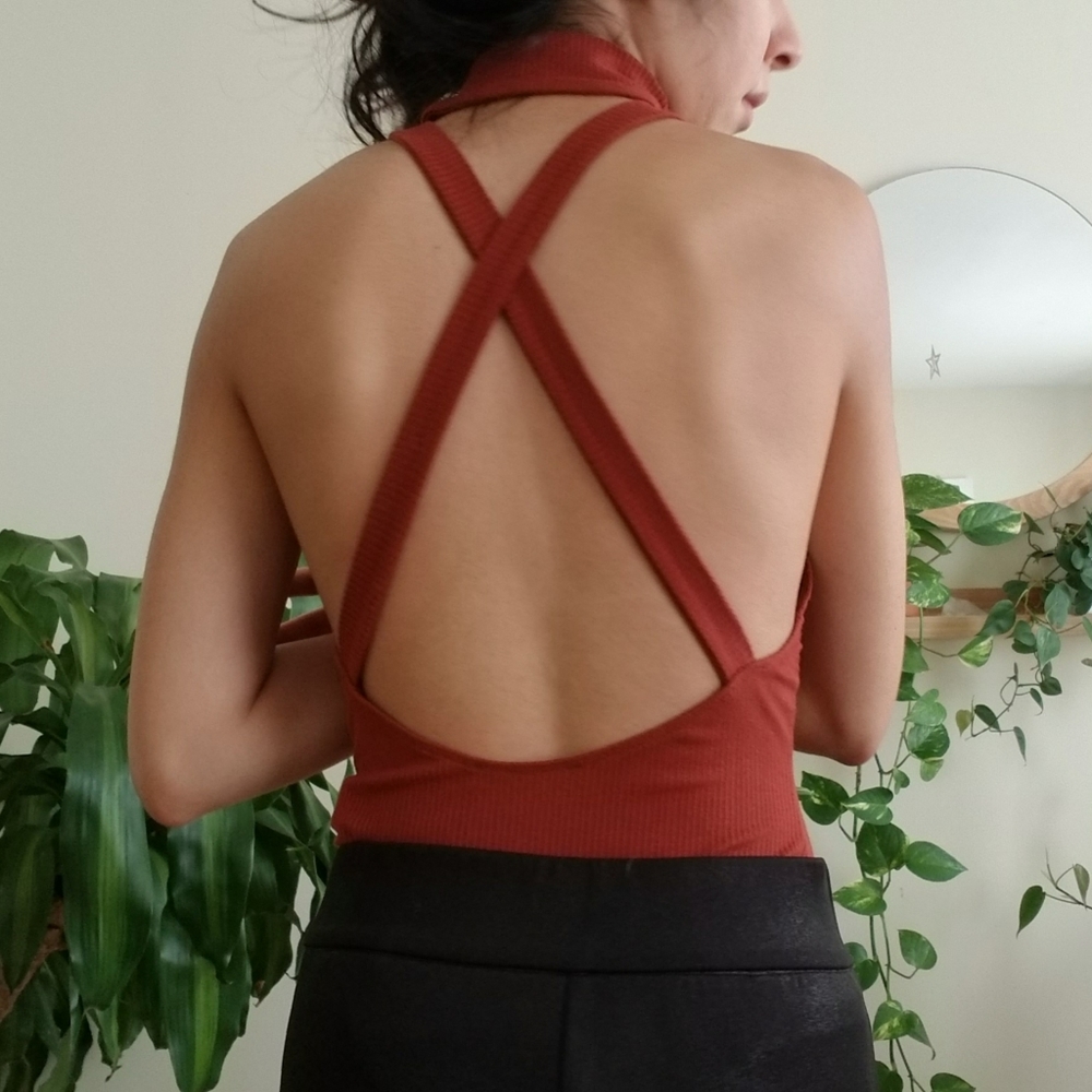 Rust color backless body suit